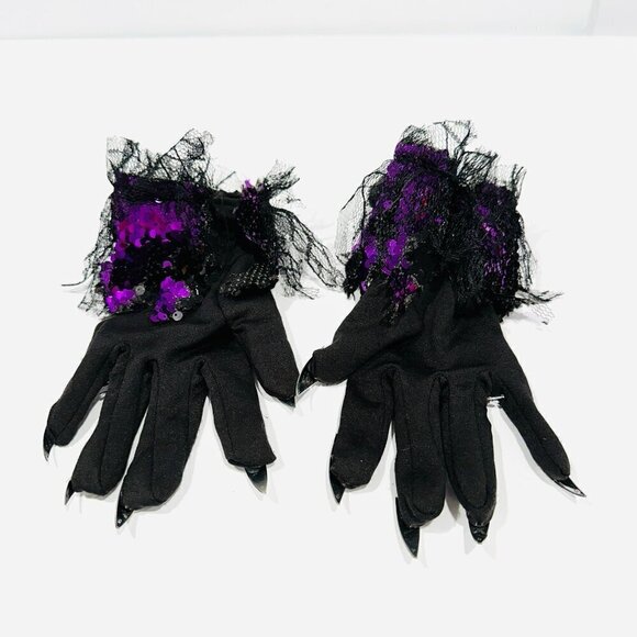 Witch Gloves Black w/ Chrome Nails, Spider Rings & Purple Sequins Costume - Picture 5 of 5